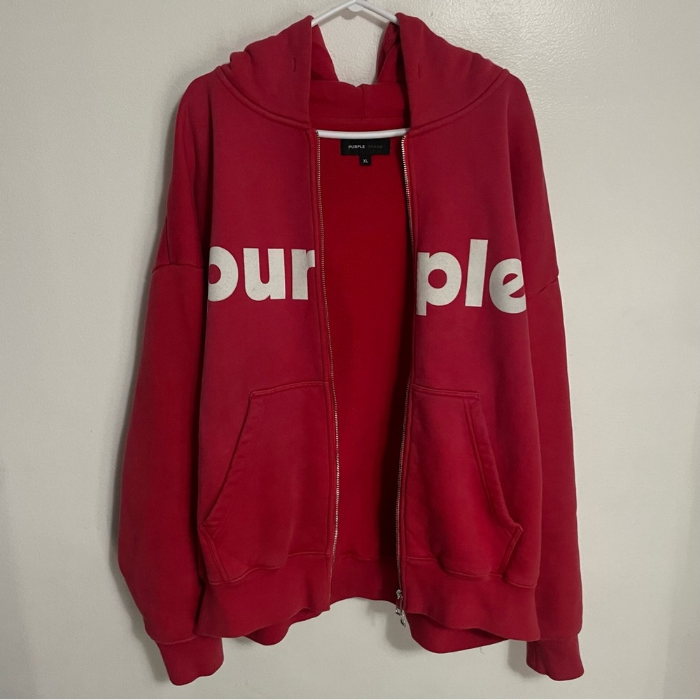 Purple Brand HWT Fleece Full Zip Red Hoodie Size XL - Picture 2 of 9
